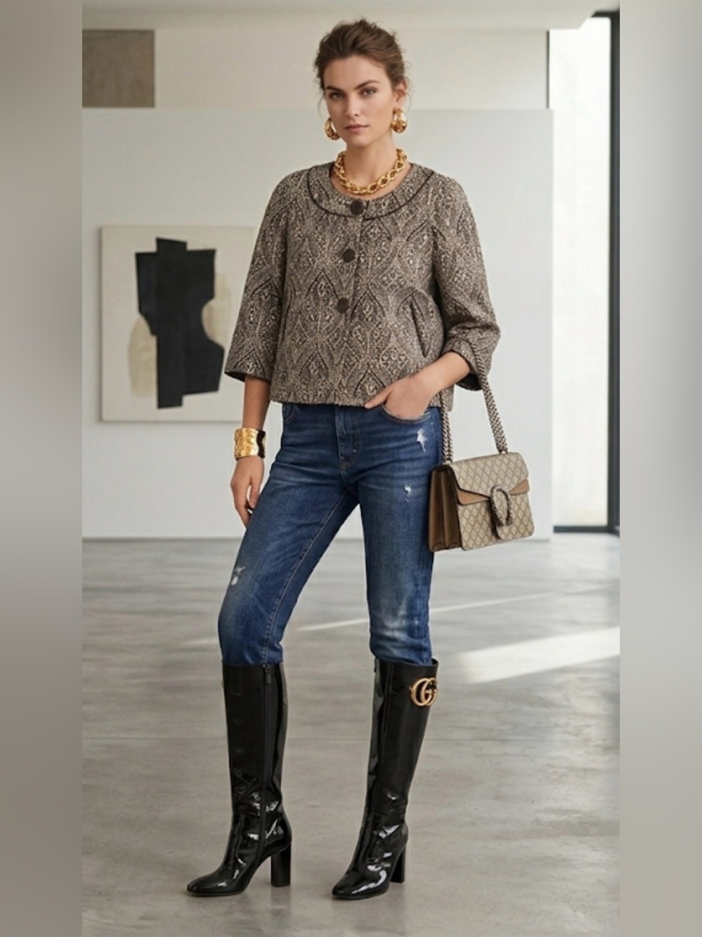 Notations Jacket L Damask Gray White Stone Lined Cotton Coat 3/4 Sleeve NWT $54